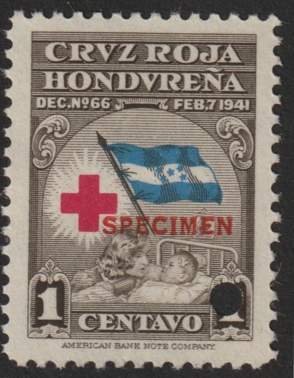 Honduras 1945 Obligatory Tax - Red Cross 1c brown, blue & red unmounted mint optd SPECIMEN with security punch hole (ex ABN Co archives) SG 456*, stamps on red cross     medical    flags