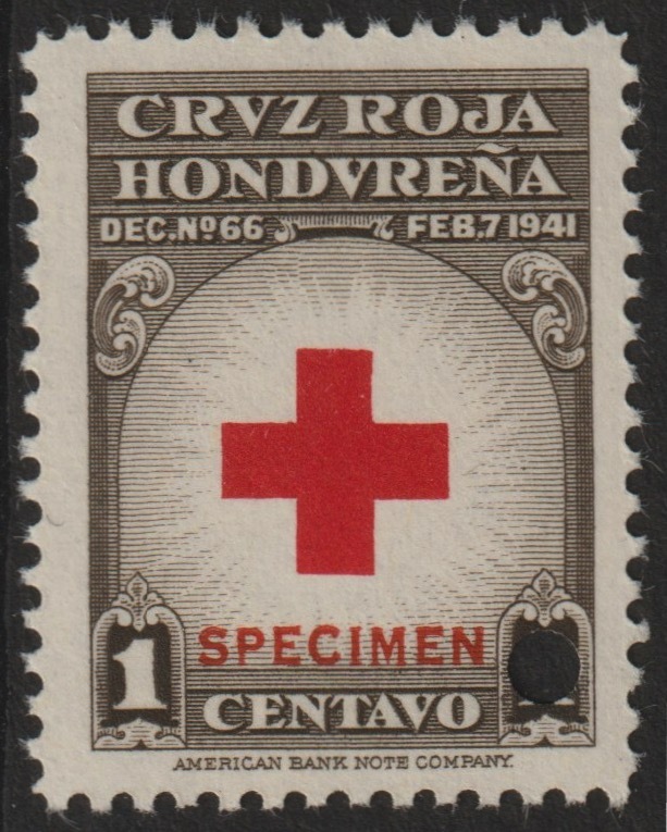 Honduras 1945 Obligatory Tax - Red Cross 1c red & brown unmounted mint optd SPECIMEN with security punch hole (ex ABN Co archives) SG 456a*, stamps on , stamps on  stamps on red cross     medical    