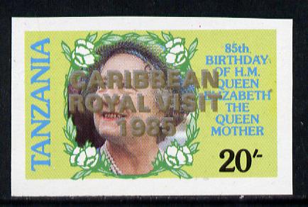 Tanzania 1985 Life & Times of HM Queen Mother 20s (SG 425) unmounted mint imperf proof single with Caribbean Royal Visit 1985 opt doubled, one in silver, one in gold*, stamps on royalty, stamps on royal visit , stamps on queen mother