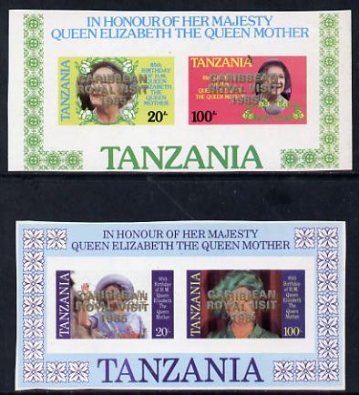 Tanzania 1985 Two Queen Mother proof m/sheets (SG MS 429) each with 'Caribbean Royal Visit 1985' optd doubled, one in gold, one in silver unmounted mint, stamps on royalty, stamps on royal visit , stamps on queen mother