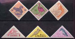 Liberia 1953 Birds perf set of 6 (Triangular & Diamond shaped) unmounted mint SG 735-40, stamps on birds, stamps on bulbul, stamps on roller, stamps on hornbill, stamps on kingfisher, stamps on whydah, stamps on diamond, stamps on triangulars
