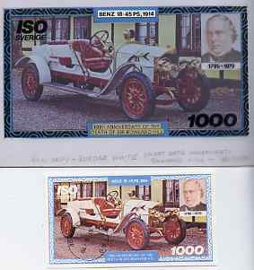 Iso - Sweden 1979 Rowland Hill (Benz) - Original artwork for deluxe sheet (1000 value) comprising coloured illustration on board (185 mm x 105 mm) with overlay, plus issu..., stamps on cars, stamps on postal, stamps on rowland hill, stamps on benz, stamps on  iso , stamps on 