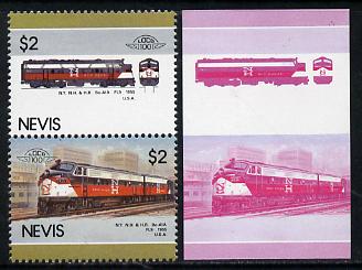 Nevis 1986 Locomotives #5 (Leaders of the World) New Haven Diesel Loco $2 unmounted mint se-tenant imperf proof pair in magenta & blue, plus normal issued stamp (SG 358-9), stamps on railways