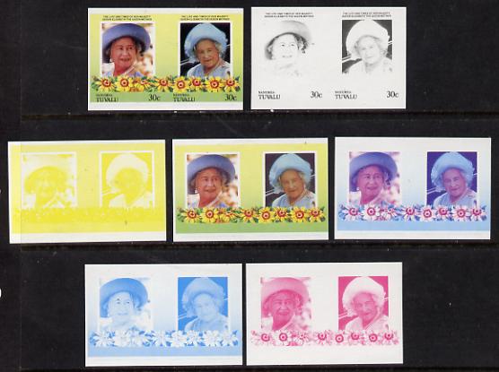 Tuvalu - Nanumea 1985 Life & Times of HM Queen Mother (Leaders of the World) 30c unmounted mint set of 7 se-tenant imperf progressive proof pairs comprising the 4 individ..., stamps on royalty     queen mother