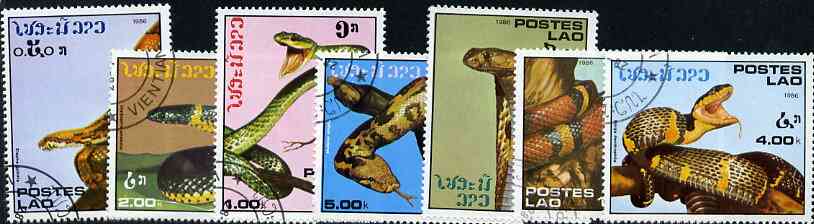 Laos 1986 Snakes complete set of 7 fine cto used, SG 915-21*, stamps on snakes     reptiles, stamps on snake, stamps on snakes, stamps on 