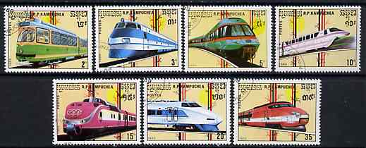 Kampuchea 1989 Trams & Trains complete set of 7 fine cto used, SG 960-66*, stamps on railways, stamps on trams