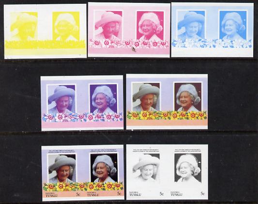 Tuvalu - Nanumea 1985 Life & Times of HM Queen Mother (Leaders of the World) 5c unmounted mint set of 7 se-tenant imperf progressive proof pairs comprising the 4 individual colours, plus 2, 3 & all 4 colour composites, stamps on , stamps on  stamps on royalty     queen mother