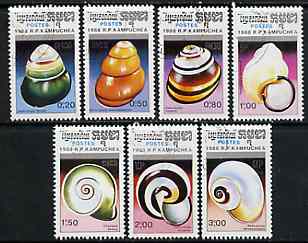 Kampuchea 1988 Sea Shells complete set of 7 fine cto used, SG 915-21*, stamps on shells, stamps on marine life