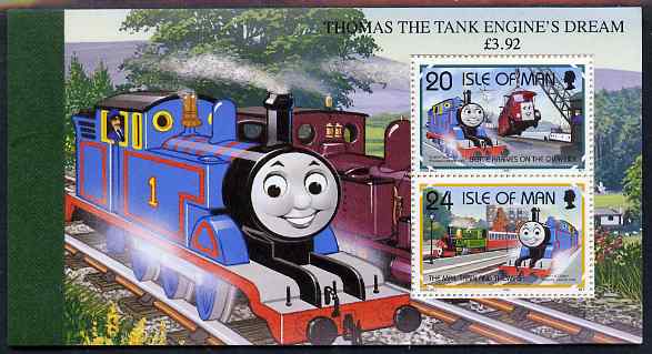 Isle of Man 1995 50th Anniversary of Thomas the Tank Engine Â£3.92 booklet complete and very fine, SG SB40, stamps on railways, stamps on children, stamps on literature
