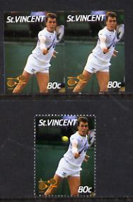 St Vincent 1987 International Tennis Players 80c (Ivan Lendl) unmounted mint imperf horiz pair with ball omitted nice double variety (plus normal single) SG 1059var*, stamps on sport  tennis  varieties  personalities