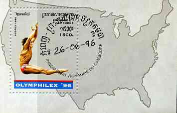 Cambodia 1996 Olymphilex 96 Olympic Games Stamp Exhibition perf m/sheet (Diving) cto used, stamps on olympics    diving     stamp exhibitions    maps