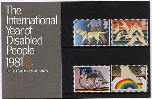 Great Britain 1981 International Year of the Disabled set of 4 in official presentation pack SG 1147-50 , stamps on disabled, stamps on wheelchair, stamps on rainbow, stamps on blind, stamps on deaf, stamps on dogs, stamps on blind