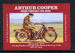 Match Box Labels - 1914 Scott Motorcycle from 'Speed Through The Ages' set of 18, superb unused condition (Arthur Cooper Series), stamps on motorbikes