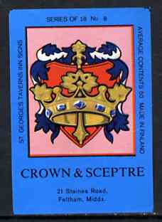 Match Box Labels - Crown & Sceptre (No.8 from a series of 18 Pub signs) dark brown background, very fine unused condition (St George's Taverns), stamps on crowns    royalty