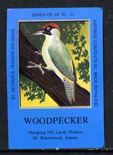 Match Box Labels - Woodpecker (No.11 from a series of 18 Pub signs) dark brown background, very fine unused condition (St Georges Taverns), stamps on woodpecker    birds