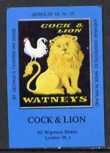 Match Box Labels - Cock & Lion (No.15 from a series of 18 Pub signs) dark brown background, very fine unused condition (St George's Taverns), stamps on chicken    fowl     cats    lion