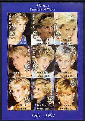 Somaliland 1998 Princess Diana perf sheetlet containing complete set of 9 values unmounted mint, stamps on diana    royalty