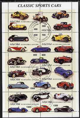 Abkhazia 1997 Classic Sports Cars perf sheetlet containing complete set of 10 values cto used, stamps on , stamps on  stamps on cars, stamps on  stamps on  mg , stamps on  stamps on 