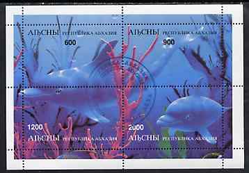 Abkhazia 1997 Dolphins perf sheetlet containing complete set of 4 values cto used, stamps on dolphins    whales    animals  marine-life