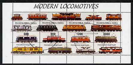 Touva 1997 Modern Locomotives #1 perf sheetlet containing complete set of 4 values cto used, stamps on railways