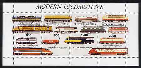 Touva 1997 Modern Locomotives #2 perf sheetlet containing complete set of 4 values cto used, stamps on , stamps on  stamps on railways