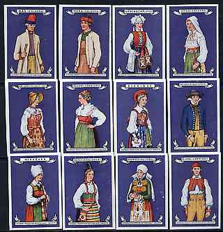 Match Box Labels - complete set of 12 Swedish Costumes (blue background) very fine unused condition (Swedish), stamps on costumes