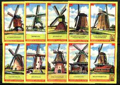 Match Box Labels - Windmills series #01 (nos 1-10 issued in 1964) very fine unused condition (Molem Lucifers), stamps on windmills