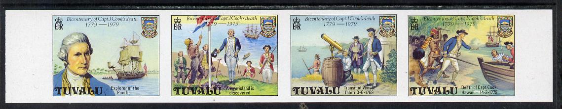 Tuvalu 1979 Capt Cook Death Anniversary imperf undenominated proof strip of 4 (without gum) similar to SG 123ab, stamps on explorers, stamps on personalities, stamps on ships, stamps on cook, stamps on telescopes, stamps on death