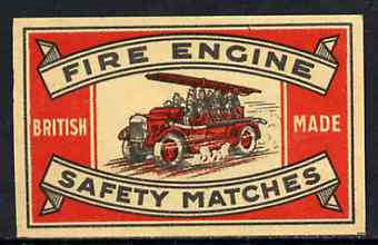 Match Box Label - Fire Engine, superb unused condition (J Masters made in 1923), stamps on fire