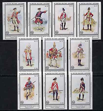 Match Box Labels - British Military Uniforms (Nos 11-20 from set of 60) very fine unused condition (Southern Counties Match Co), stamps on militaria, stamps on uniforms