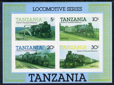 Tanzania 1985 Locomotives unmounted mint imperf colour proof of m/sheet in blue, yellow & black only (SG MS 434), stamps on , stamps on  stamps on railways, stamps on big locos