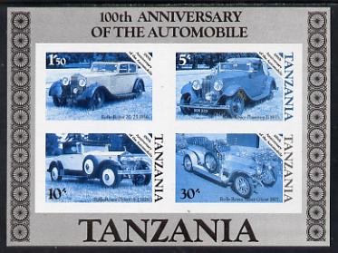 Tanzania 1986 Centenary of Motoring m/sheet unmounted mint imperf colour proof in blue & black only (SG MS 460), stamps on , stamps on  stamps on cars     rolls-royce