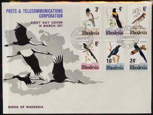 Rhodesia 1977 Birds 2nd series perf set  of 6 on Official illustrated unaddressed cover with first day cancel SG 537-42, stamps on , stamps on  stamps on birds, stamps on  stamps on hoopoe, stamps on  stamps on starling, stamps on  stamps on shrike