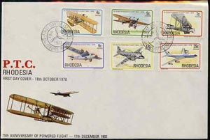 Rhodesia 1978 75th Anniversary of Powered Flight set of 6 on Official illustrated unaddressed cover with first day cancel SG 570-75*, stamps on aviation