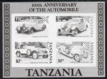 Tanzania 1986 Centenary of Motoring m/sheet unmounted mint imperf colour proof in black only (SG MS 460), stamps on cars     rolls-royce