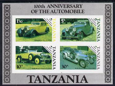 Tanzania 1986 Centenary of Motoring m/sheet unmounted mint imperf colour proof in blue, yellow & black only (SG MS 460), stamps on cars     rolls-royce