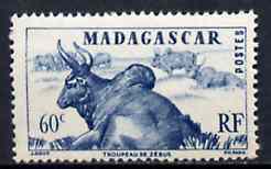 Madagascar 1946 Zebus 60c blue unmounted mint but gum flattened from interleaving, SG 300*, stamps on , stamps on  stamps on bovine