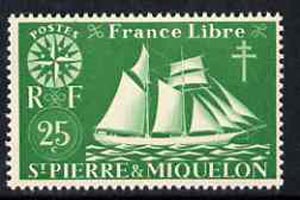 St Pierre & Miquelon 1942 Fishing Schooner 25c green unmounted mint, SG 324*, stamps on fishing, stamps on ships, stamps on navigation