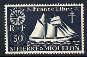 St Pierre & Miquelon 1942 Fishing Schooner 30c black unmounted mint, SG 324*, stamps on fishing, stamps on ships, stamps on navigation