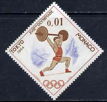 Monaco 1964 Weightlifting 1c unmounted mint from Olympic Games diamond shaped set, SG 808*, stamps on weightlifting, stamps on olympics, stamps on diamond