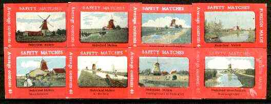 Match Box Labels - complete set of 8 Dutch Windmills superb unused condition (Dutch), stamps on windmills