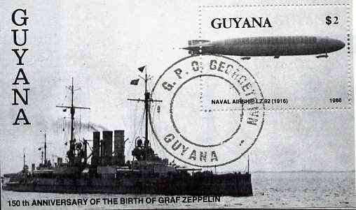 Guyana 1988 150th Anniversary of Birth of Graf Zeppelin $2 m/sheet (Battleship & Zeppelin LZ92) very fine cto used , stamps on aviation, stamps on airships, stamps on ships, stamps on zeppelins