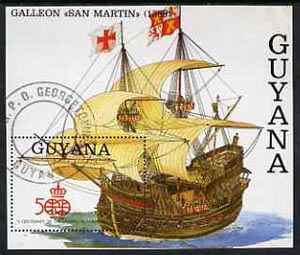 Guyana 1992 500th Anniversary of Discovery of America m/sheet (Santa Maria) very fine cto used , stamps on columbus    ships     americana