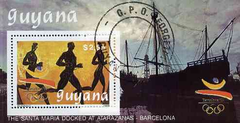 Guyana 1989 Barcelona Olympic Games $2.55 m/sheet (Running - detail of Black-figure Greek Pot & Santa Maria) very fine cto used, stamps on olympics     running     pottery     columbus    ships, stamps on ancient greece 