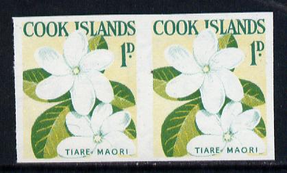 Cook Islands 1963 def 1d Tiare Maori Flower in unmounted mint imperf pair (as SG 163), stamps on flowers