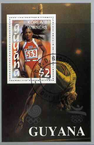 Guyana 1988 Korea 88 $2 m/sheet (Winners - Women Running & Gymnastics) very fine cto used, stamps on olympics     running        gymnastics    women, stamps on  gym , stamps on gymnastics, stamps on 
