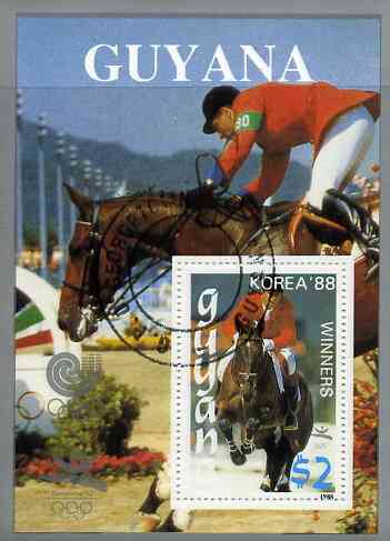 Guyana 1988 Korea '88 $2 m/sheet (Winners - Show Jumping) very fine cto used, stamps on olympics      show-jumping     horses