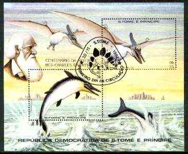 St Thomas & Prince Islands 1982 Death Centenary of Charles Darwin m/sheet (Prehistoric Animals) very fine cto used Mi BL 98, stamps on dinosaurs    darwin    death, stamps on personalities
