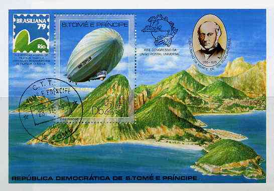 St Thomas & Prince Islands 1979 Rowland Hill (Brasiliana & Zeppelin) m/sheet very fine cto used Mi BL 36A, stamps on aviation, stamps on postal, stamps on upu, stamps on rowland hill, stamps on airships, stamps on zeppelins, stamps on  upu , stamps on 
