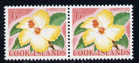 Cook Islands 1963 def 6d Hibiscus Flower in unmounted mint imperf pair (as SG 167), stamps on flowers